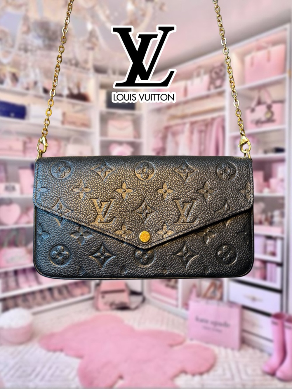 Authentic Louis Vuitton Pochette Félicie Black Embossed Monogram w/Gold Chain